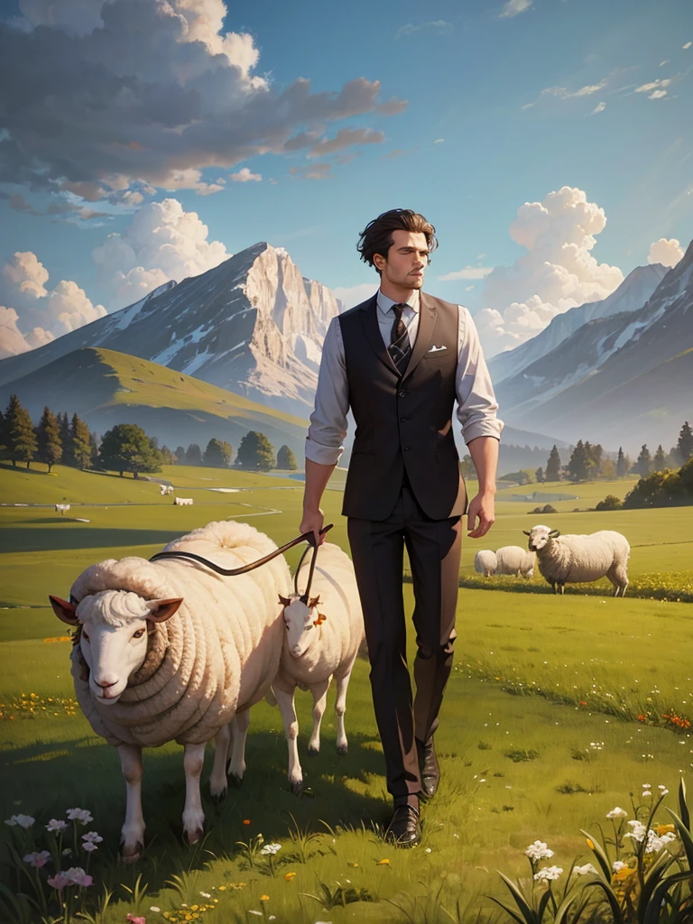 Oil painting of a man walking in a field with a sheep, Digital 4K Painting, Digital Painting风格, 4K Digital Painting, 4K Digital Painting, Digital Painting, 令人惊叹的Digital Painting, #史上最伟大的 1 幅Digital Painting, # 史上最伟大的 1 幅Digital Painting, Digital Painting的风格, Realistic painting style, High quality digital, painted digital art