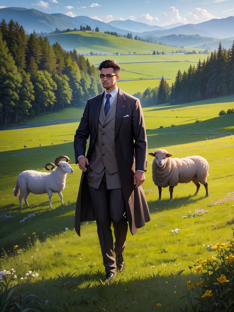 Oil painting of a man walking in a field with a sheep, Digital 4K Painting, Digital Painting风格, 4K Digital Painting, 4K Digital Painting, Digital Painting, 令人惊叹的Digital Painting, #史上最伟大的 1 幅Digital Painting, # 史上最伟大的 1 幅Digital Painting, Digital Painting的风格, Realistic painting style, High quality digital, painted digital art