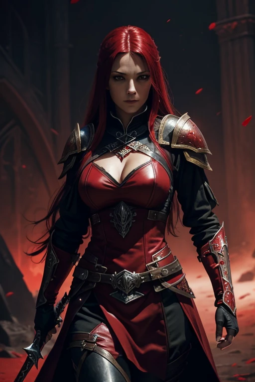 a woman in a red outfit, lady in red armor, gothic fantasy art, beautiful female assassin, female assassin, female vampire warrior, heroic fantasy art, Raymond Swanland style, beautiful warrior woman, female red assassin, fantasy warrior, dark fantasy art, monochromatic and red bleeding, HD fantasy art, dark fantasy art, sharp focus on entire body