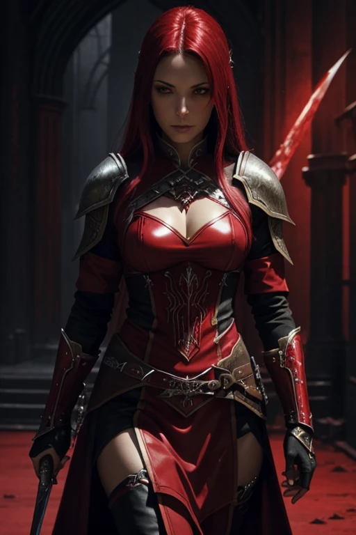 a woman in a red outfit, lady in red armor, gothic fantasy art, beautiful female assassin, female assassin, female vampire warrior, heroic fantasy art, Raymond Swanland style, beautiful warrior woman, female red assassin, fantasy warrior, dark fantasy art, monochromatic and red bleeding, HD fantasy art, dark fantasy art, sharp focus on entire body