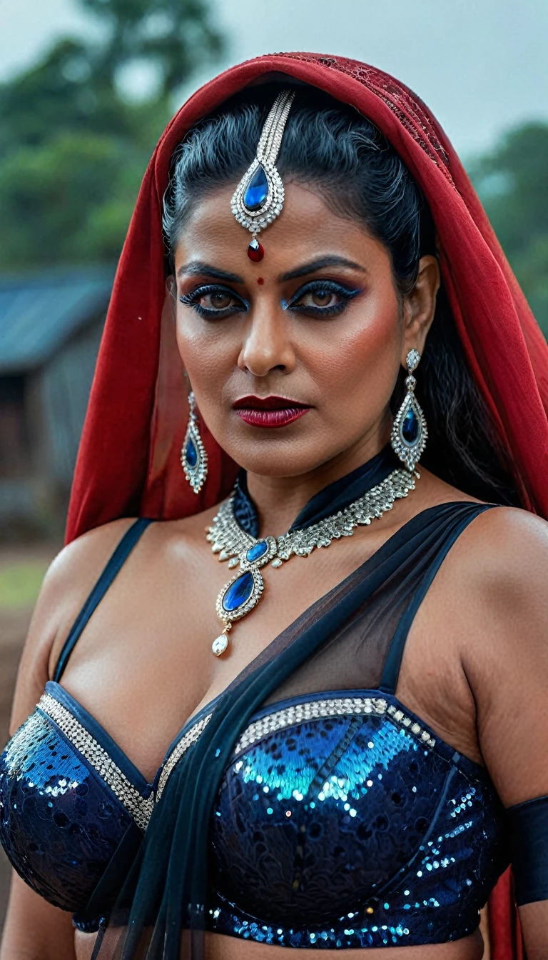 Looks like Kajol, full body Closeup shot, Big chubby aunty, milf, cougar lady witch, horny Gothic milf,  70 years old gorgeous mature lady, pervert demoness, demoness of lust, curvy, black lips, horny face, extremely gorgeous, thick figure, heavy physique, voluptuous, curvy, sexy figure, Fashionable portrait of androgynous alien looking witch wearing veil, glowing eyes, futuristic design, minimal details, givenchy, photoreal, 200mm, hd, f/ 2.0, highly detailed, surreal, sexy beautiful evil woman, sexy bold sequin Saree with strapless Bra, chudail, Pishachini, horror genre, blood-thirsty enchantress, powerful female spirit, eerie, drop dead, in the style of red and blue, (intricate details, hyperdetailed:1.15) (skin texture:1.2), dark Moody tone, cinematic lighting, haunted place in background, 