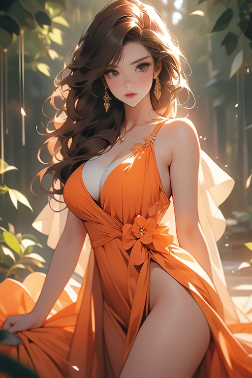 Beautiful, extremely attractive woman (brunette with dark brown hair), large breasts, soft hips; she is in the middle of the forest (soft, warm lighting); she is wearing a dress tight around her waist (her dress is orange mixed with violet); wide neckline that shows her breasts; Her dress has a wide opening in the legs that shows the hairiness of her pussy; she has the expression of sorrow and sensuality, explicit image, masterpiece, fine details throughout