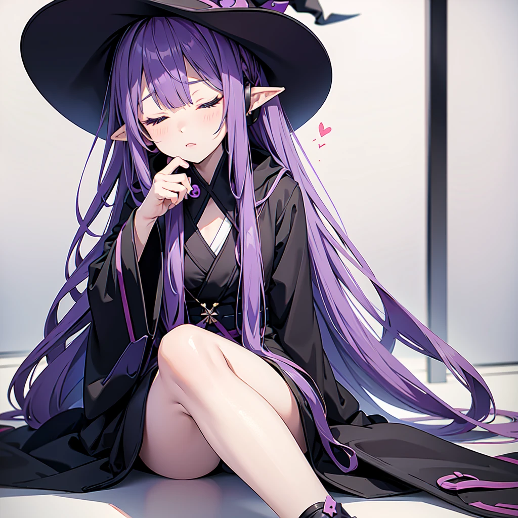 1 person. Anime girl with long purple hair and black robe. Pointy ears. Cute as in manga. Sitting  with eyes closed. Headphones. Witch hat on the ground. Clothes inside are white.
