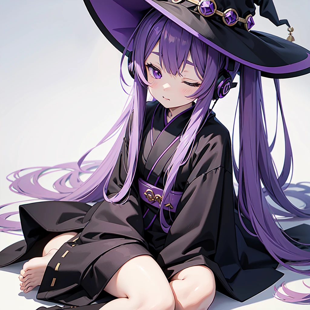 1 person. Anime girl with long purple hair and black robe. Pointy ears. Cute as in manga. Sitting  with eyes closed. Headphones. Witch hat on the ground. Clothes inside are white.