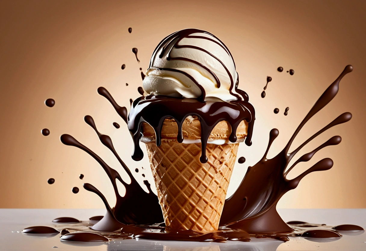 a picture of an ice cream, yogurt and chocolate splashing in the elegant cream color background like in a commercial, everything in focus