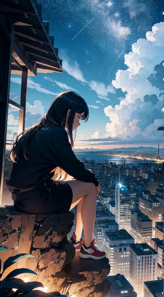 octans, sky, star (sky), scenery, starry sky, night, 1girl, night sky, solo, outdoors, building, cloud, milky way, sitting, tree, long hair, city, silhouette, cityscape