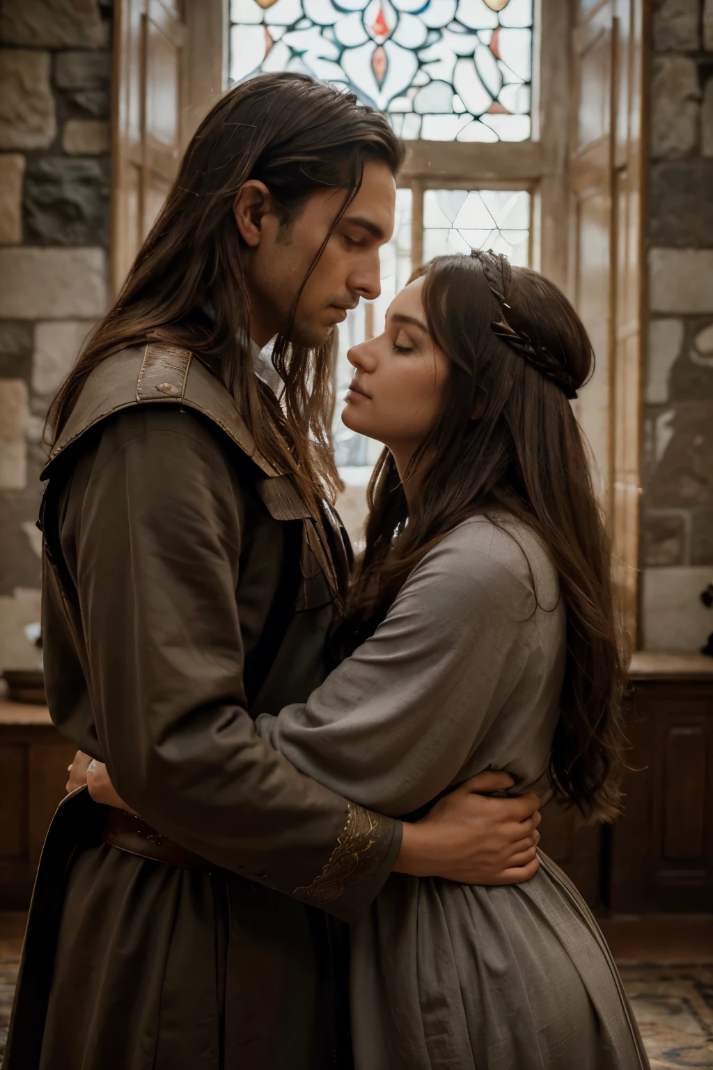 Aragorn and Arwen in Rivendell embracing , her ears have pointed tips, she has exquisite features and high cheekbones, his sword is visible at his side