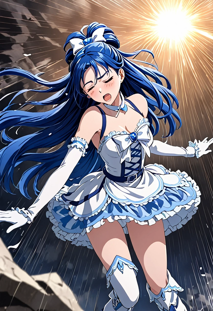(Suffering from being held by a muscular man:1.5)、Cure White,Chest ribbon, mini skirt, white choker, thigh straps, elbow gloves, detailed hair and outfit, long flowing blue hair, white and blue frilly dress, white gloves and boots, blushing, feeling pain, suffering from arm being bitten by enemy, dynamic and intense scene, background with sound waves, eyes closed, masterpiece, best quality, highly detailed background, perfect lighting, (beautiful, best quality: 1.1), masterpiece, perfect eyes, (beautiful), (erotic: 1.2)