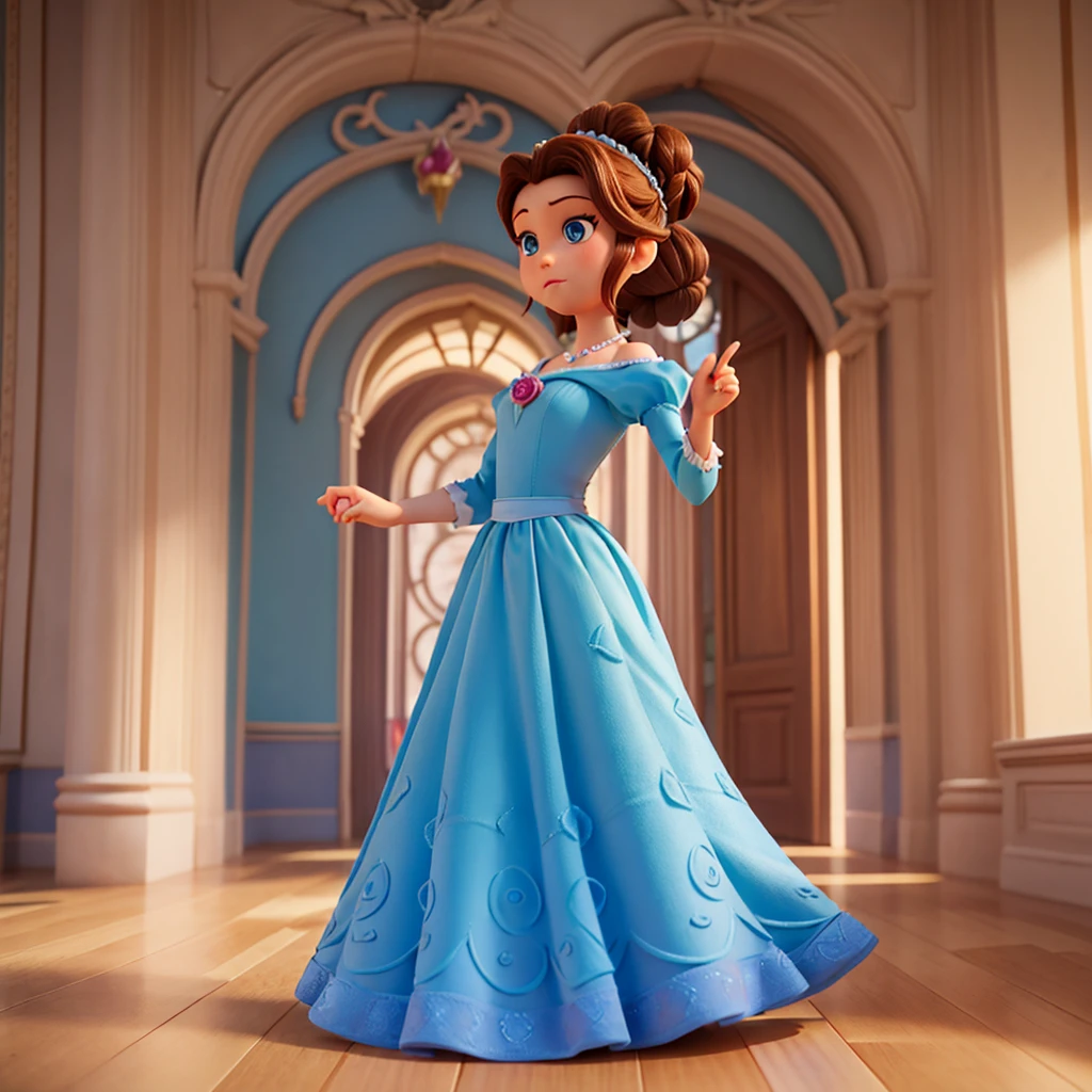 Affiche 3D inspirée de Disney Pixar, Une princesse ,50 ans ,  yeux bleue , cheveux marron foncé en chignon avec une raie au milleu , En robe de princesse completement rose , elle est dans un chateau majestueux