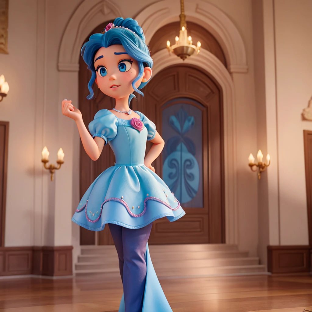 Affiche 3D inspirée de Disney Pixar, Une princesse ,50 ans ,  yeux bleue , cheveux marron foncé en chignon avec une raie au milleu , En robe de princesse completement rose , elle est dans un chateau majestueux