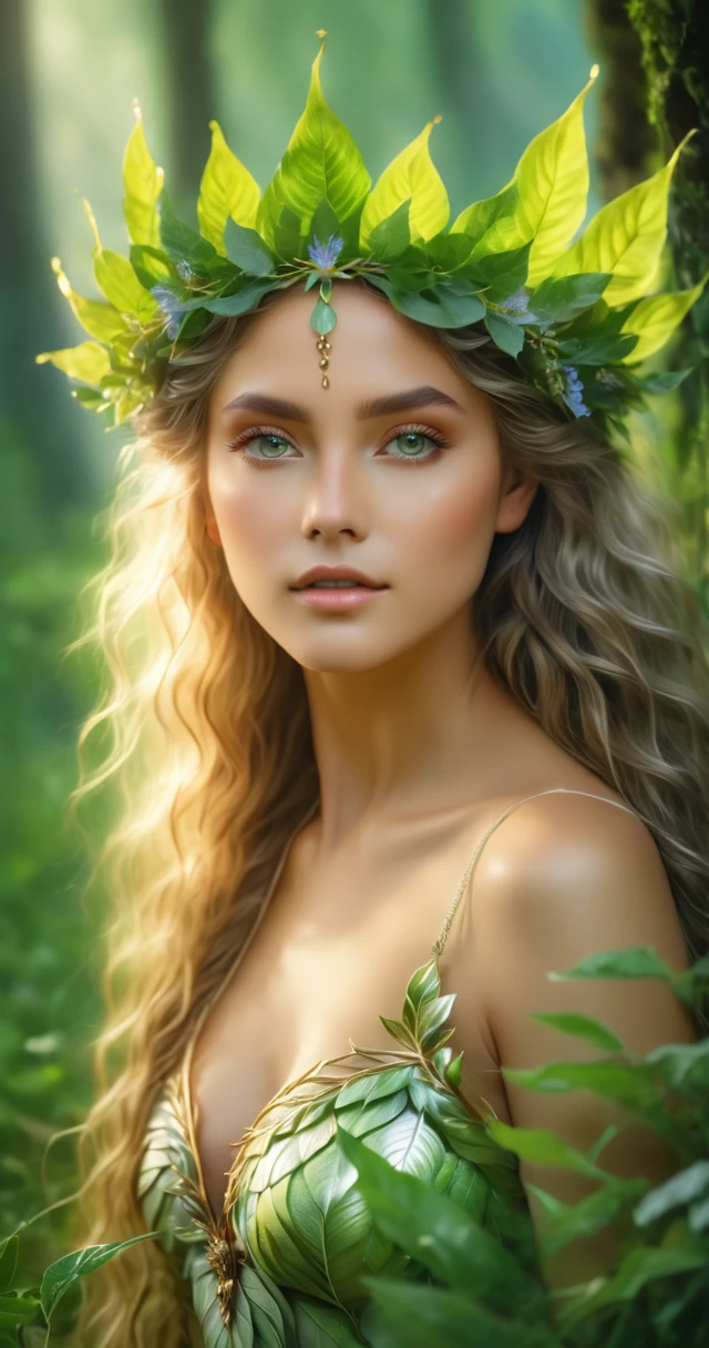 (best quality, 4k, 8k, highres, masterpiece:), ultra-detailed, (realistic, photorealistic, photo-realistic), nature goddess, leaf body, portrait, greenery, wildflowers, breathtaking eyes, serene expression, graceful pose, ethereal beauty, luminous skin, flowing hair, elegant crown of leaves, soft natural light, vibrant colors, mythical essence, surreal atmosphere, dreamlike aura, harmonious connection with nature, enchanted forest.