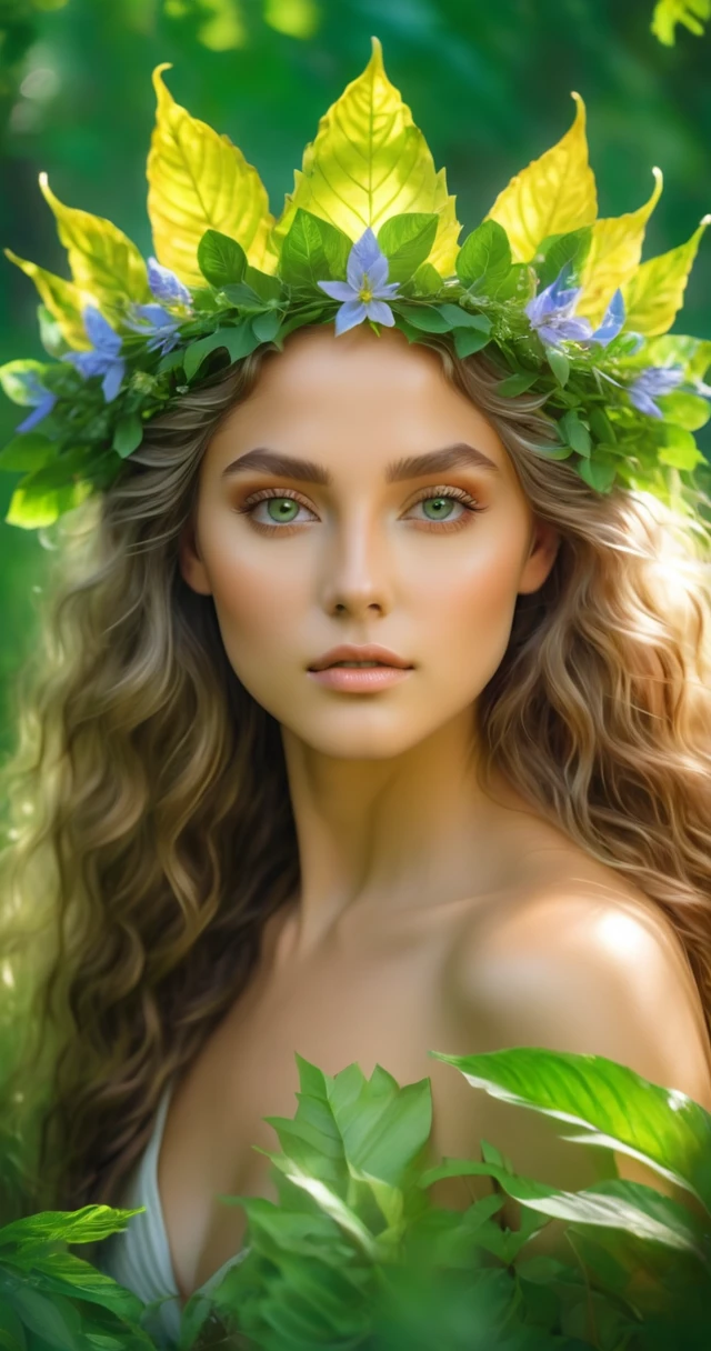 (best quality, 4k, 8k, highres, masterpiece:1.2), ultra-detailed, (realistic, photorealistic, photo-realistic:1.37), nature goddess, leaf body, portrait, greenery, wildflowers, breathtaking eyes, serene expression, graceful pose, ethereal beauty, luminous skin, flowing hair, elegant crown of leaves, soft natural light, vibrant colors, mythical essence, surreal atmosphere, dreamlike aura, harmonious connection with nature, enchanted forest.