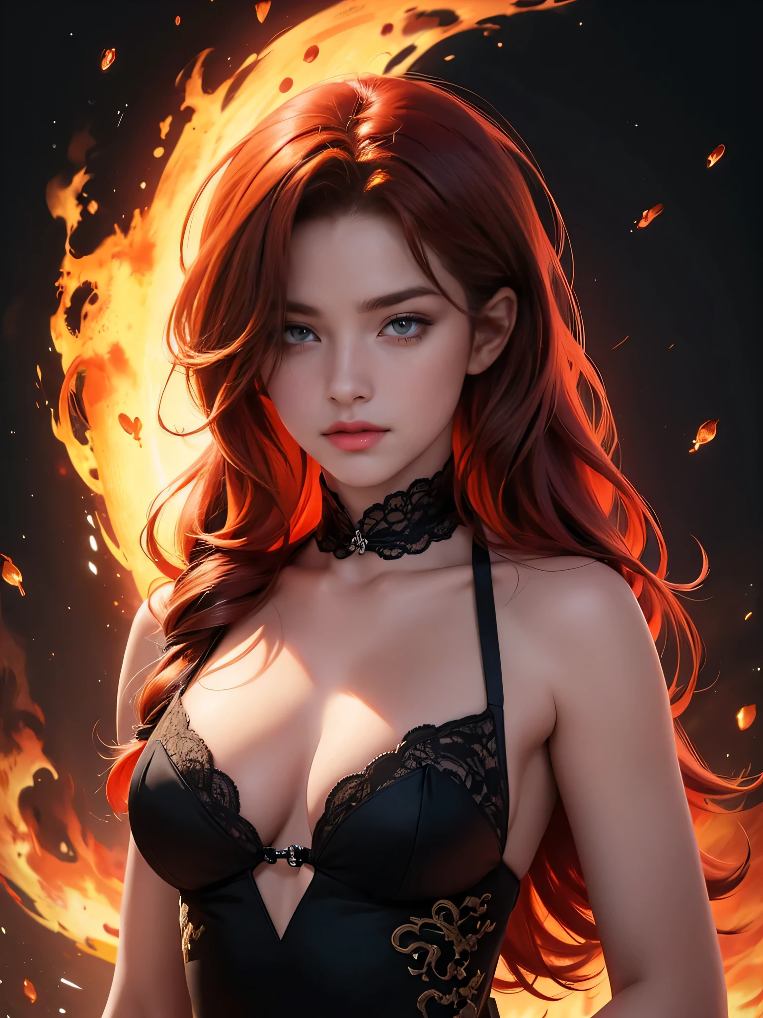 ((Best quality)), ((masterpiece)), (detailed), ((perfect face)) fire, flame, girl soaring in the air, fire chinese dragon, девушка и огненный китайский fire, hot, long curly red hair, dynamically, full height, фулл, девушка в полный рост, на фоне извивающийся огненный дракон, девушка в копотком голубом платье, голубые глаза. 