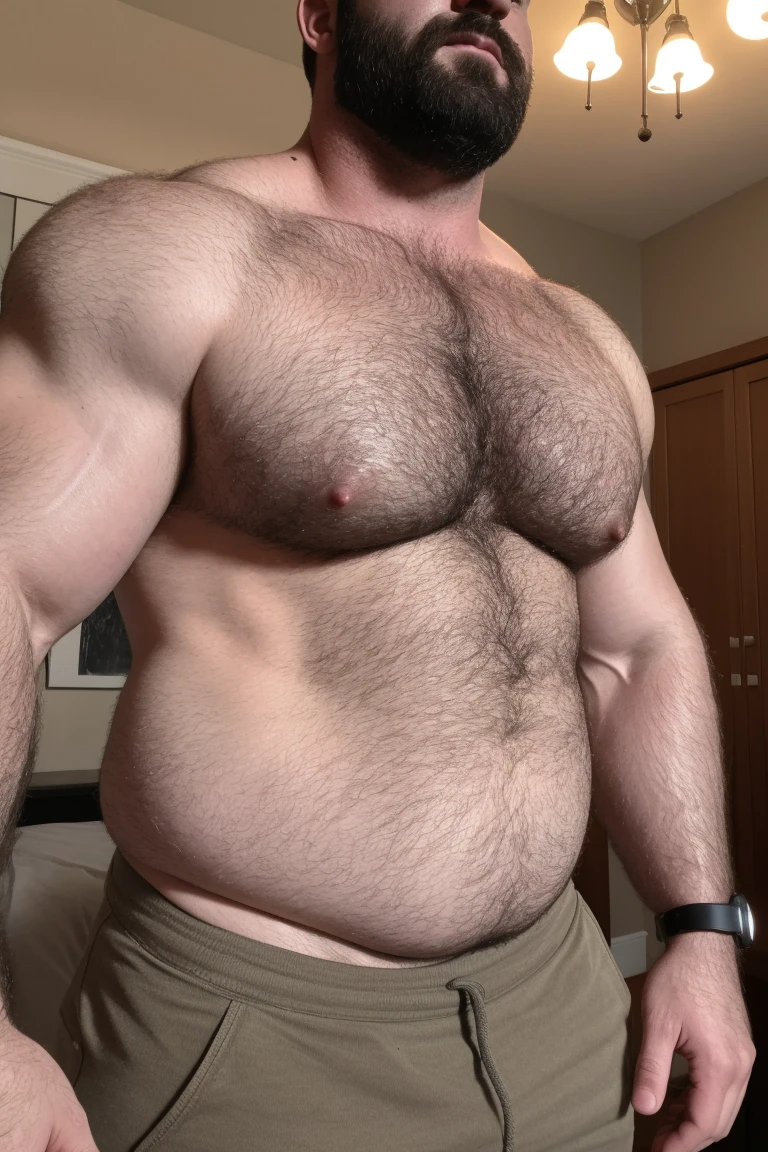 8K HDR Very Extremely Realistic Very Detailed High Quality 8K HDR Very Realistic 46 year old daddy rugged beefy big thick burly chubby bodybuilder muscle bears man, 8KHDR very realistic beared big daddy muscle bear, and 8KHDR very realistic detailed rugged burly man in shorts, 8KHDR very realistic hair, 8KHDR very realistic beards, 8KHDR very realistic thick chubby fat neck, 8KHDR very realistic neck lines, 8KHDR very realistic detailed neck, 8KHDR very realistic burly chest, 8KHDR very realistic detailed hairy burly chest and arms, 8KHDR very realistic detailed hairy burly chest and arms, 8KHDR very realistic burly muscle bear body, 8KHDR very realistic nipples, 8KHDR very realistic burly muscle bear body, 8KHDR very realistic face, 8KHDR very realistic detailed face, 8KHDR very realistic eyes, 8KHDR very realistic detailed eyes, 8KHDR very realistic pupils, 8KHDR very realistic detailed pupils, 8KHDR very realistic head, 8KHDR very realistic waist, 8KHDR very realistic facial features, 8KHDR very realistic burly arms, 8KHDR very realistic elbows, 8KHDR very realistic hands, 8KHDR very realistic pecs, 8KHDR very realistic belly, 8KHDR very realistic human man body, 8K HDR very realistic bellybutton, 8KHDR very realistic wrists, 8KHDR very realistic fingers, 8KHDR very realistic fingernails, 8KHDR very realistic shoulders, 8KHDR very realistic mouth, 8KHDR very realistic lips, 8KHDR very realistic mens clothing, 8KHDR very realistic detailed mens clothing. 8KHDR Very Realistic Hairy Bearded Burly Muscle bear Photoshoot, 8KHDR Very Realistic Ultra-detailed, 8KHDR very realistic detailed bedroom surroundings, 8KHDR very realistic surroundings lighting, No Deformities, An ultra-realistic photograph captured with a Sony α7 III camera, equipped with an 85mm lens in F 1.2 aperture, The cutting-edge Midjourney v5, ( best quality, highres, realistic:1.37), Super real detailed skin, Ultra-detailed, Photorealistic 1.4, hyper photorealism, 8K HDR Clear HDR Quality,