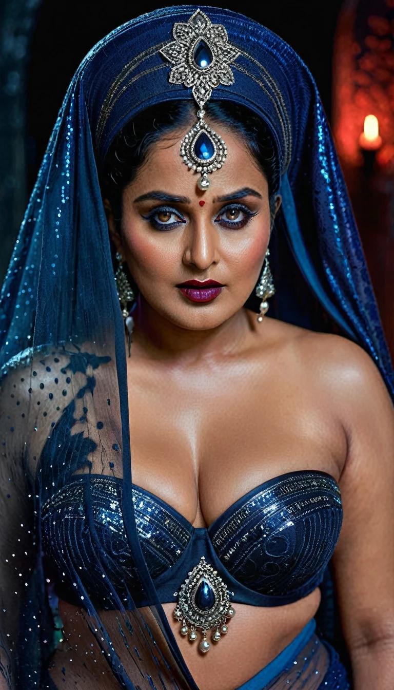 Looks like Anushka Shetty, full body Closeup shot, Big chubby aunty, milf, cougar lady witch, horny Gothic milf,  70 years old gorgeous mature lady, pervert demoness, demoness of lust, curvy, black lips, horny face, extremely gorgeous, thick figure, heavy physique, voluptuous, curvy, sexy figure, Fashionable portrait of androgynous alien looking witch wearing veil, glowing eyes, futuristic design, minimal details, givenchy, photoreal, 200mm, hd, f/ 2.0, highly detailed, surreal, sexy beautiful evil woman, sexy bold sequin Saree with strapless Bra, chudail, Pishachini, horror genre, blood-thirsty enchantress, powerful female spirit, eerie, drop dead, in the style of red and blue, (intricate details, hyperdetailed:1.15) (skin texture:1.2), dark Moody tone, cinematic lighting, haunted place in background, 