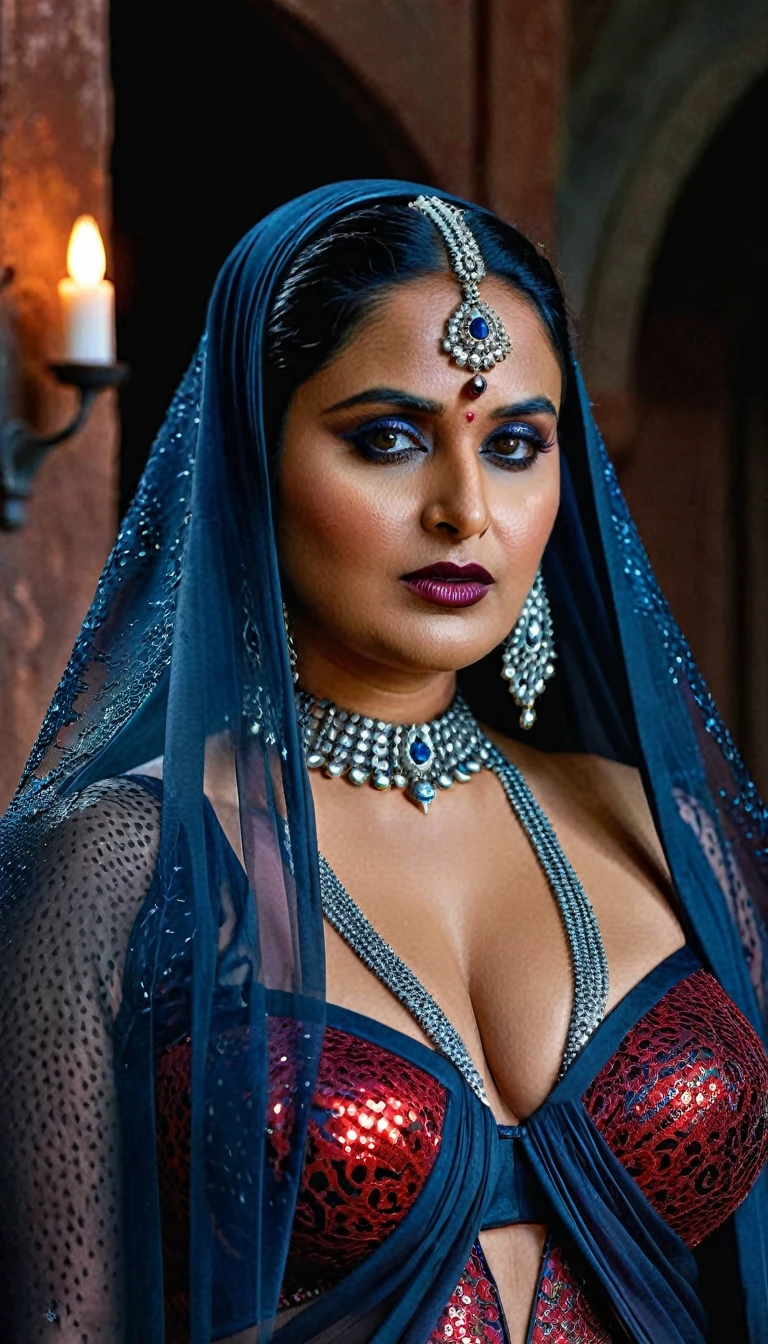 Looks like Anushka Shetty, full body Closeup shot, Big chubby aunty, milf, cougar lady witch, horny Gothic milf,  70 years old gorgeous mature lady, pervert demoness, demoness of lust, curvy, black lips, horny face, extremely gorgeous, thick figure, heavy physique, voluptuous, curvy, sexy figure, Fashionable portrait of androgynous alien looking witch wearing veil, glowing eyes, futuristic design, minimal details, givenchy, photoreal, 200mm, hd, f/ 2.0, highly detailed, surreal, sexy beautiful evil woman, sexy bold sequin Saree with strapless Bra, chudail, Pishachini, horror genre, blood-thirsty enchantress, powerful female spirit, eerie, drop dead, in the style of red and blue, (intricate details, hyperdetailed:1.15) (skin texture:1.2), dark Moody tone, cinematic lighting, haunted place in background, 