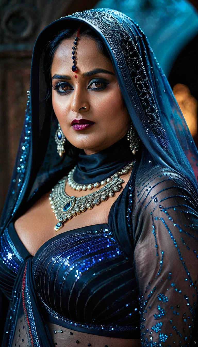 Looks like Anushka Shetty, full body Closeup shot, Big chubby aunty, milf, cougar lady witch, horny Gothic milf,  70 years old gorgeous mature lady, pervert demoness, demoness of lust, curvy, black lips, horny face, extremely gorgeous, thick figure, heavy physique, voluptuous, curvy, sexy figure, Fashionable portrait of androgynous alien looking witch wearing veil, glowing eyes, futuristic design, minimal details, givenchy, photoreal, 200mm, hd, f/ 2.0, highly detailed, surreal, sexy beautiful evil woman, sexy bold sequin Saree with strapless Bra, chudail, Pishachini, horror genre, blood-thirsty enchantress, powerful female spirit, eerie, drop dead, in the style of red and blue, (intricate details, hyperdetailed:1.15) (skin texture:1.2), dark Moody tone, cinematic lighting, haunted place in background, 