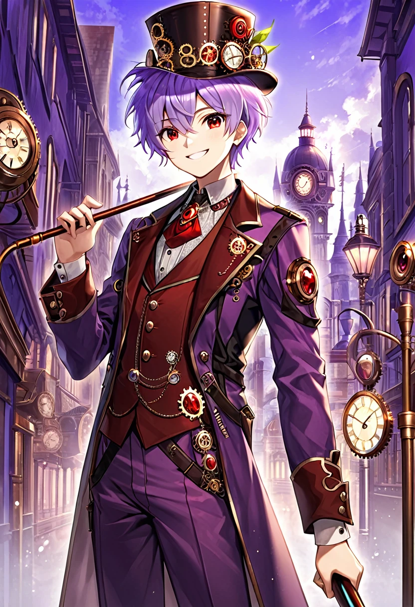 One young boy, red ruby eye, beautiful face like girl, short light-purple hair, in steampunk suit. City background. Hat. Cane. Noble. Smile.