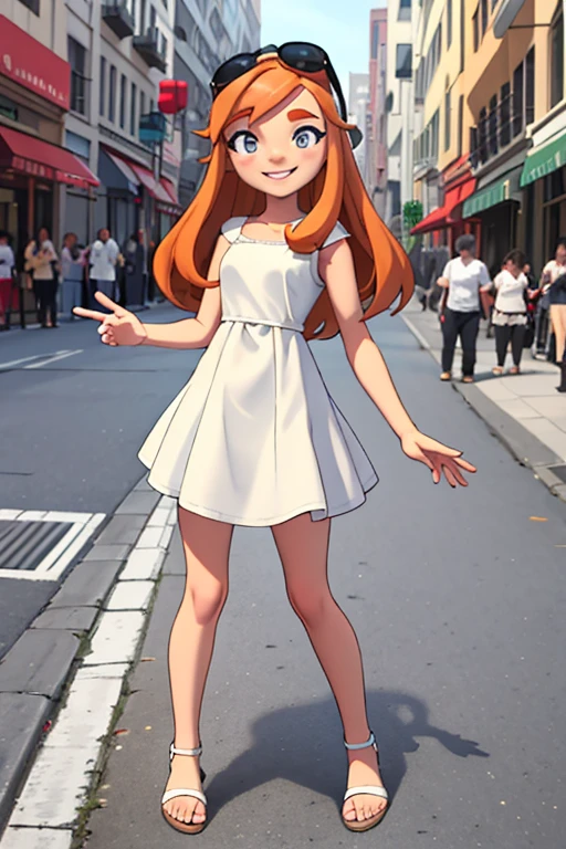 masterpiece, best quality, meggy, white dress, white sandals, full body, looking at viewer, smile, city street