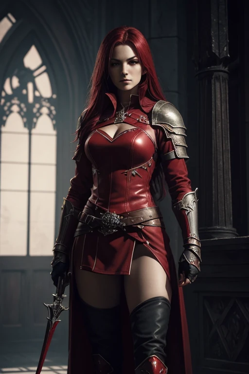 a woman in a red outfit, lady in red armor, red cloth boots, gothic fantasy art, beautiful female assassin, female assassin, female vampire warrior, heroic fantasy art, Raymond Swanland style, beautiful warrior woman, female red assassin, fantasy warrior, dark fantasy art, monochromatic and red bleeding, HD fantasy art, dark fantasy art, sharp focus on entire body
