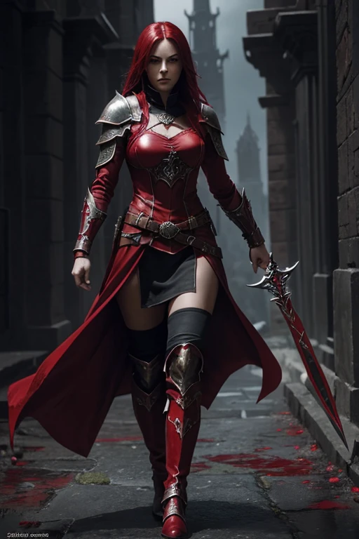 a woman in a red outfit, lady in red armor, red cloth boots, gothic fantasy art, beautiful female assassin, female assassin, female vampire warrior, heroic fantasy art, Raymond Swanland style, beautiful warrior woman, female red assassin, fantasy warrior, dark fantasy art, monochromatic and red bleeding, HD fantasy art, dark fantasy art, sharp focus on entire body