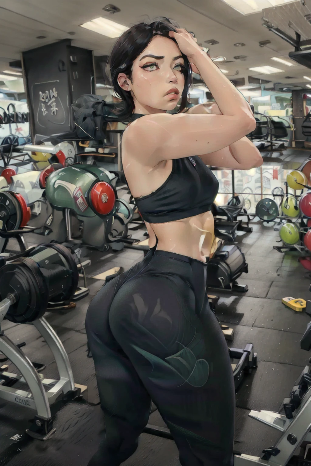 Beautiful woman, green eyes, black hair, exercising in a gym, sexy clothes, muscular, defined body, sweating, tired expression, inspiring image, sexy clothes, 4k, black clothes, tight leggings,