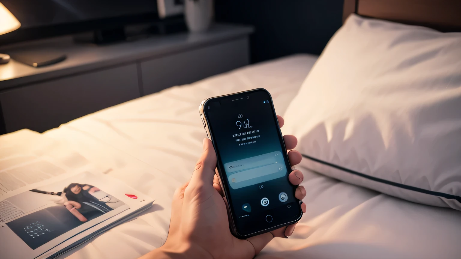 cell phone on bed at night, conversation chat