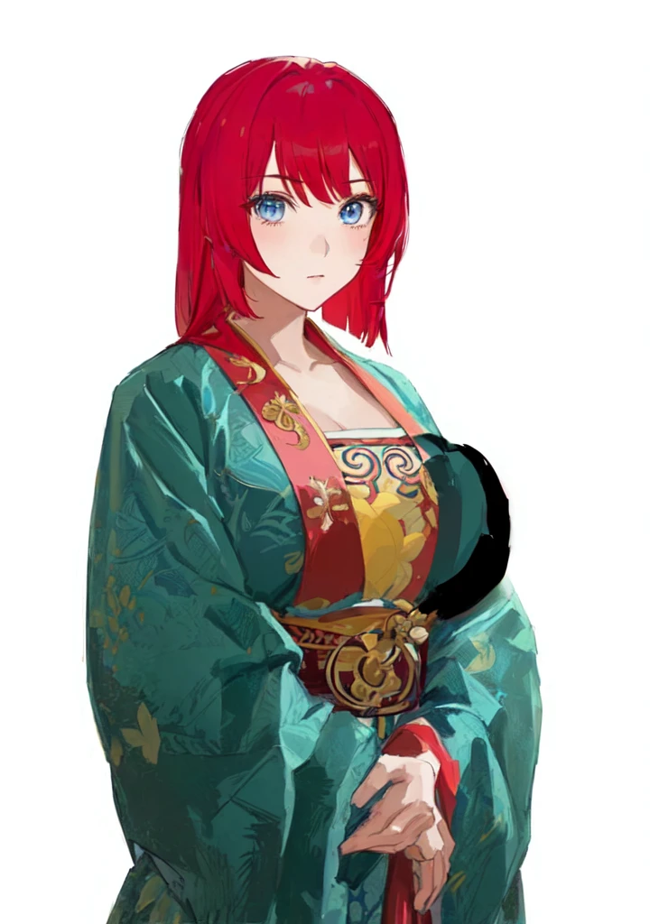 A red-haired man in a blue robe, Produced in collaboration with Anime Painter Studio, In the anime painter studio, April Rendering, A rendering of Mirabelle Madrigal, Erza Scarlet as a real person, Anime woman, She has red hair, female anime character, Demon Slayer Rui Fan Art, ((Wearing noble robes)), Wearing Kimono，Blue Eyes，huge ，sex body，big boods，Hanfu，Chinese style，Serious expression，Three Kingdoms，Dynasty Warriors，Silk clothes，Huge Breasts，Blue Eyes