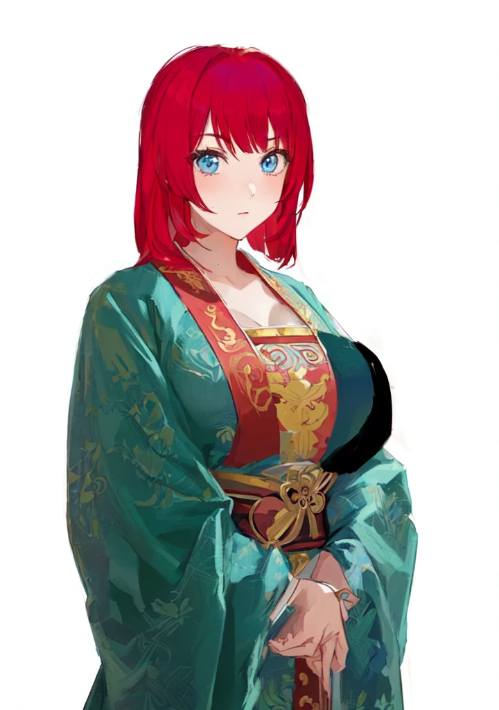 A red-haired man in a blue robe, Produced in collaboration with Anime Painter Studio, In the anime painter studio, April Rendering, A rendering of Mirabelle Madrigal, Erza Scarlet as a real person, Anime woman, She has red hair, female anime character, Demon Slayer Rui Fan Art, ((Wearing noble robes)), Wearing Kimono，Blue Eyes，huge ，sex body，big boods，Hanfu，Chinese style，Serious expression，Three Kingdoms，Dynasty Warriors，Silk clothes，Huge Breasts，Blue Eyes