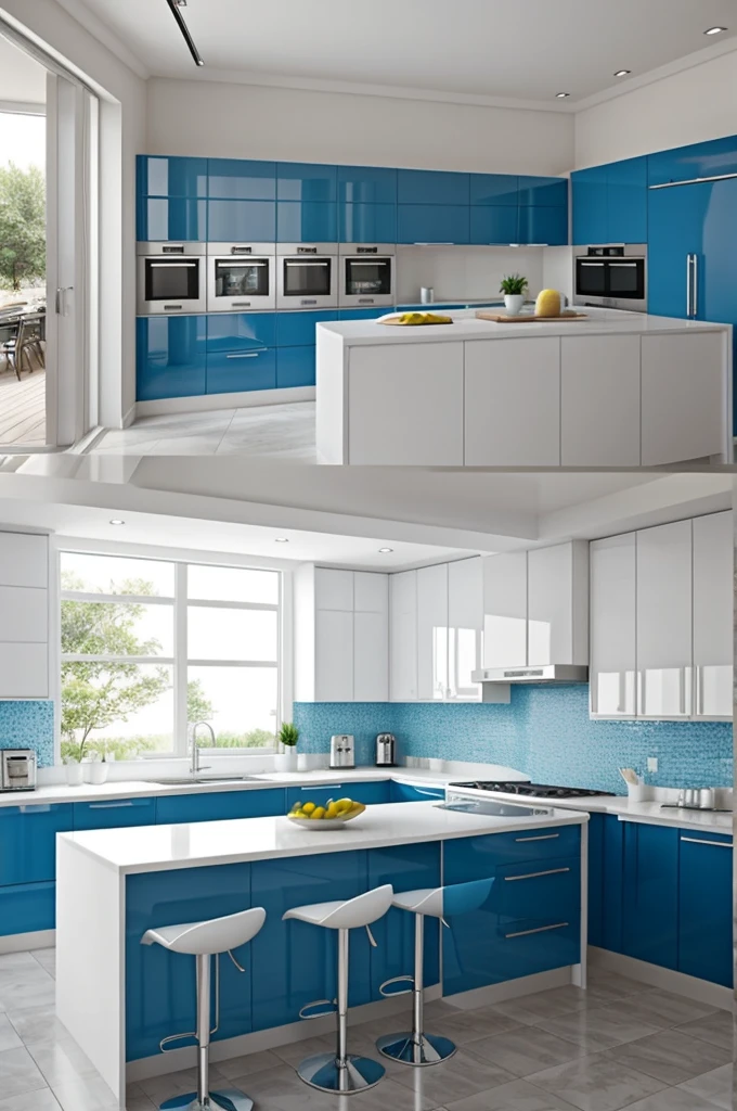 ((Best Quality)), modern kitchen painted white and blue