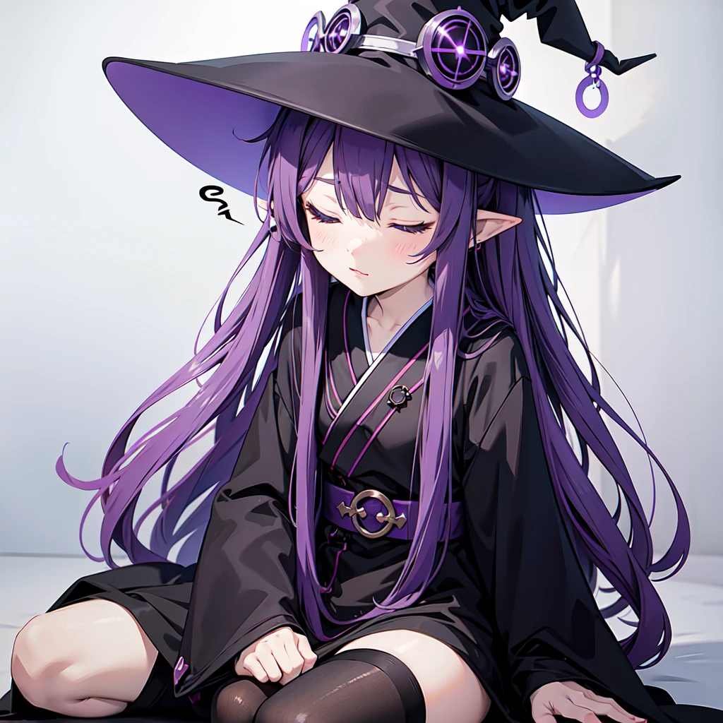 1 person. Anime girl with long purple hair and black robe. Pointy ears. Cute as in manga. Sitting  with eyes closed. Headphones. Witch hat on the ground. Clothes inside are white.