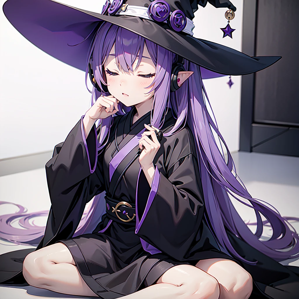 1 person. Anime girl with long purple hair and black robe. Pointy ears. Cute as in manga. Sitting  with eyes closed. Headphones. Witch hat on the ground. Clothes inside are white.