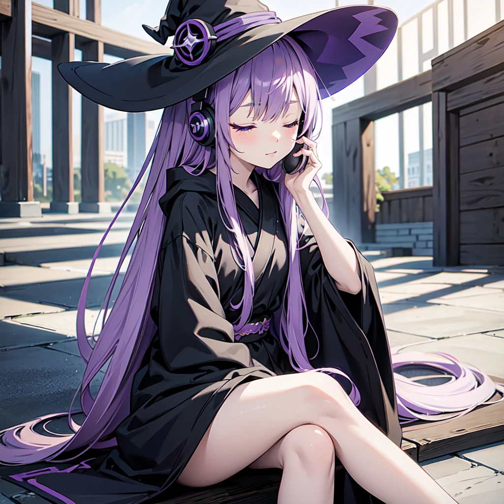 1 person. Anime girl with long purple hair and black robe. Pointy ears. Cute as in manga. Sitting with eyes closed. Headphones. Witch hat on the ground. Clothes inside are white.