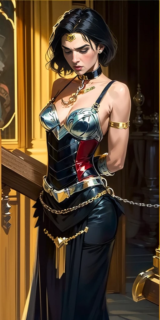 (work of art, best qualityer), details Intricate, 1 girl, GAL GADOT (standing, fully body, end to end, leaning on a wooden post:1.2) Iron collar, arms behind the back, manacles de ferro, manacles, linked, bondage outfit, to enjoy, O-Ring, bondage outfit blindfolded cover eyes, happy red cheeks, chain leash collar choker neck bell manacles wristbands bracers bracelets, Cleave gag