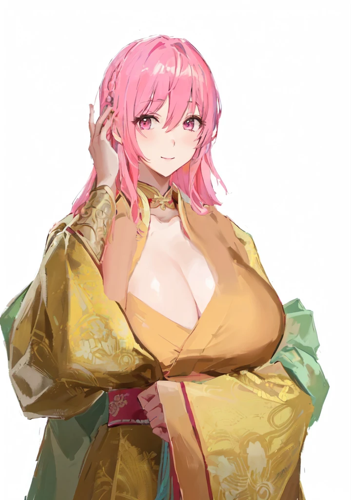 Wearing a robe、Pink Hair的动漫女孩, Produced in collaboration with Anime Painter Studio, Thickness, OPPEIN, Sakura Haruno, Si Tu Shi, In the anime painter studio, Hillabi, Goto Indian Summer, ((Wearing noble robes)), Flower shape, OPPEIN proportions, Break, 3/4 Break,Three Kingdoms,Dynasty Warriors,big boods,huge ,Pink Hair,Pink Eyes,Hanfu,Chinese style and ancient style,Smile,Hands playing with hair,Silk clothes,Noble girl,Good shape,sex body
