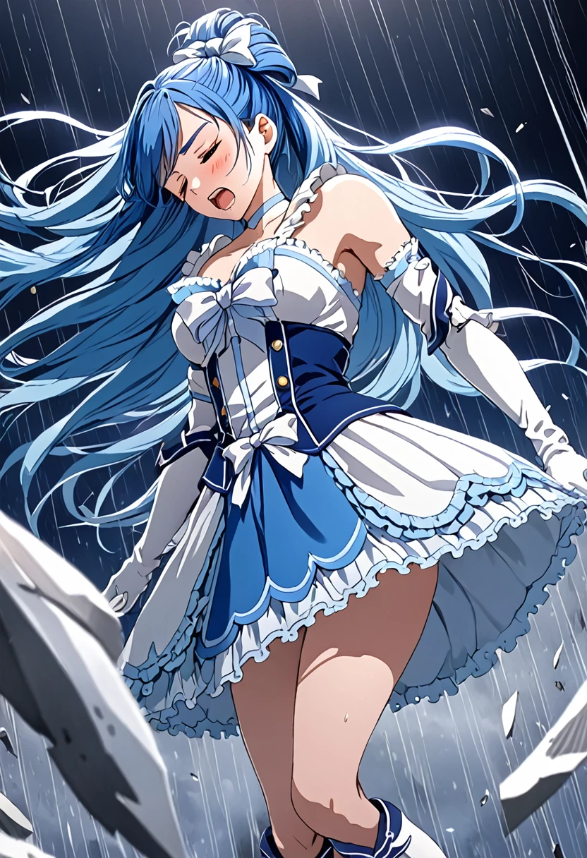 (Suffering from being held by a muscular man:1.5)、Cure White,hair ribbon,Chest ribbon, mini skirt, white choker, thigh straps, elbow gloves, detailed hair and outfit, long flowing blue hair, white and blue frilly dress, white gloves and boots, blushing, feeling pain, suffering from arm being bitten by enemy, dynamic and intense scene, background with sound waves, eyes closed, masterpiece, best quality, highly detailed background, perfect lighting, (beautiful, best quality: 1.1), masterpiece, perfect eyes, (beautiful), (erotic: 1.2)