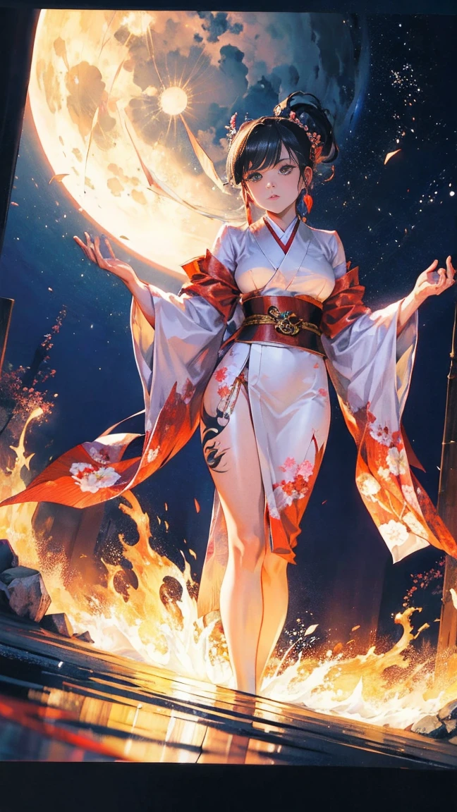 Yakuza Girl, in a silk kimono, dynamic pose, It's night all around, Japanese Garden, moon, super detail, tattoos, shine,