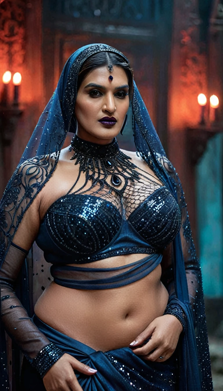 Looks like Mahie Gill, full body Closeup shot, Big chubby aunty, milf, cougar lady witch, fierce eyes, evil seductress, wide body, horny Gothic milf,  60 years old gorgeous mature lady, pervert demoness, demoness of lust, curvy, black lips, horny face, extremely gorgeous, thick figure, heavy physique, voluptuous, curvy, sexy figure, Fashionable portrait of androgynous alien looking witch wearing veil, glowing eyes, futuristic design, minimal details, givenchy, photoreal, 200mm, hd, f/ 2.0, highly detailed, surreal, sexy beautiful evil woman, sexy bold sequin Saree with strapless Bra, chudail, Pishachini, horror genre, blood-thirsty enchantress, powerful female spirit, eerie, drop dead, in the style of red and blue, (intricate details, hyperdetailed:1.15) (skin texture:1.2), dark Moody tone, cinematic lighting, haunted place in background, evil seductress, 