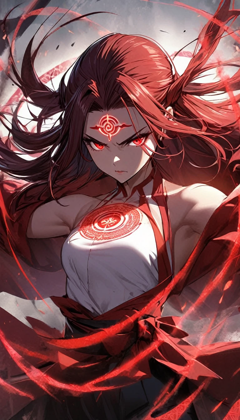 1girl,red curtain hair forehead,,red katana,red glowing eldritch magic circle, serious, perfect body,