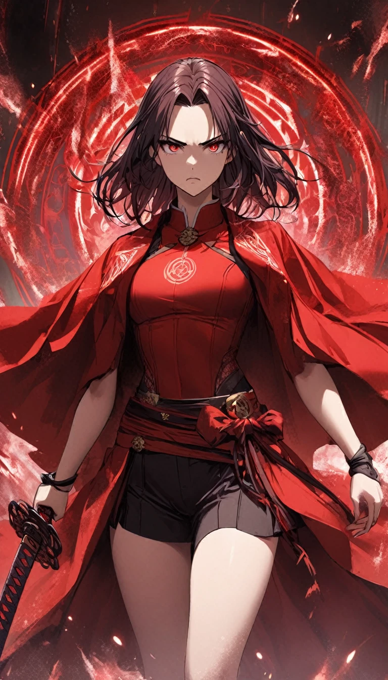 1girl,red curtain hair forehead,,red katana,red glowing eldritch magic circle, serious, perfect body,
