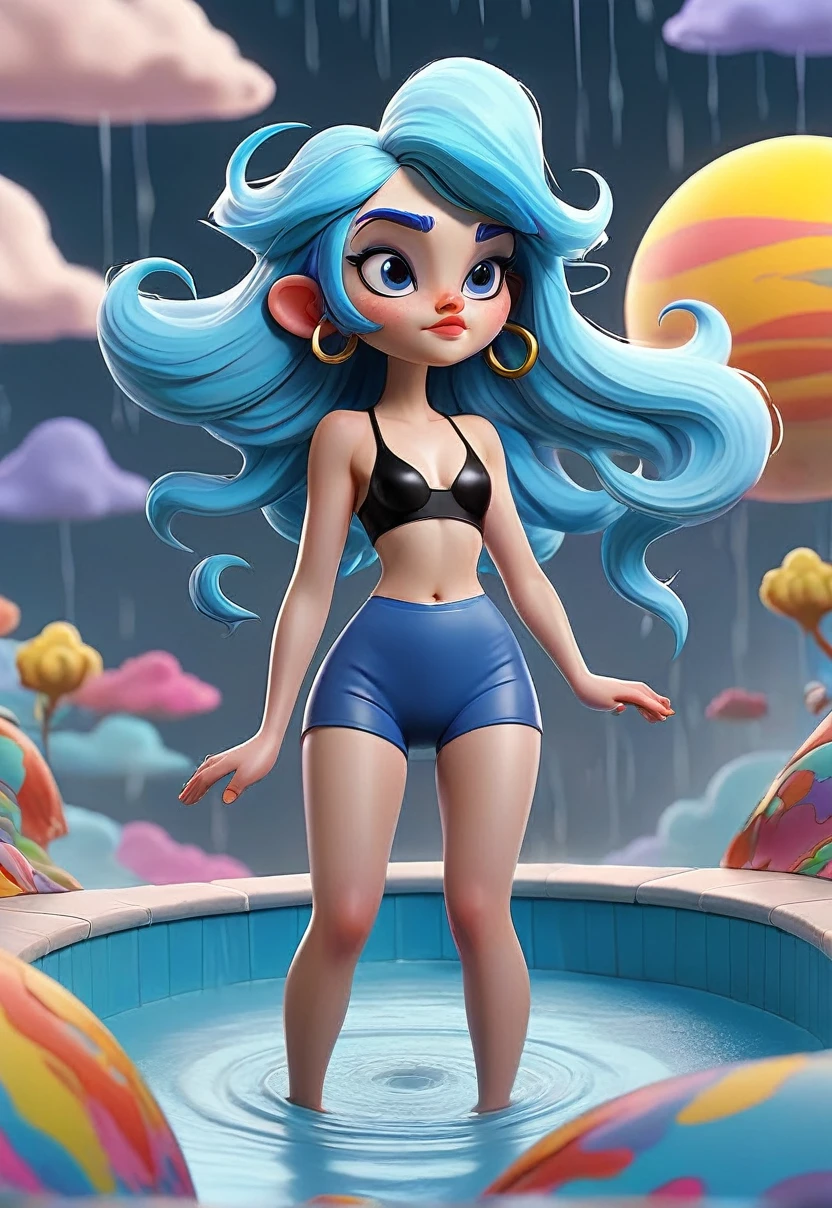 Blue haired woman, a little body fat, walking on planet earth in the shape of a swimming pool, 8k, psychedelia, rain of angels falling from the sky, black goats running 