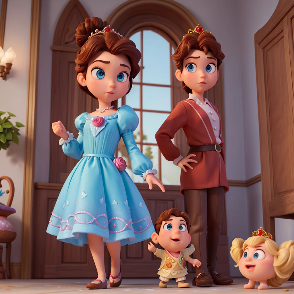 Affiche 3D inspirée de Disney Pixar, Une princesse ,50 ans , yeux brun , cheveux marron foncé en chignon avec une raie au milleu , En robe de princesse completement rose , elle est dans un chateau majestueux