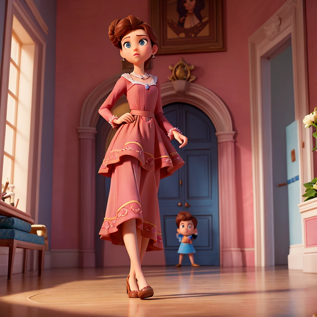 Affiche 3D inspirée de Disney Pixar, Une princesse ,50 ans , yeux brun , cheveux marron foncé en chignon avec une raie au milleu , En robe de princesse completement rose , elle est dans un chateau majestueux