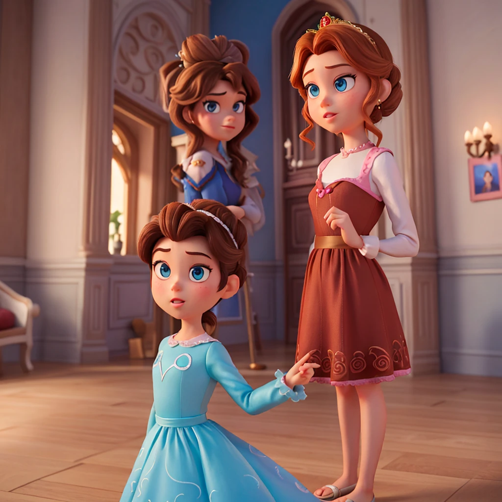 Affiche 3D inspirée de Disney Pixar, Une princesse ,50 ans , yeux brun , cheveux marron foncé en chignon avec une raie au milleu , En robe de princesse completement rose , elle est dans un chateau majestueux