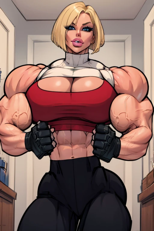 coloured sketch, beautiful woman, blonde bob haircut, turtleneck sweater, long baggy pants, strong well defined muscle, bulky powerful bodybuilder physique, massive muscular arms, perfect and flawless musculature, great muscle definition, perfect muscular body, massive muscular thighs, female muscle juggernaut