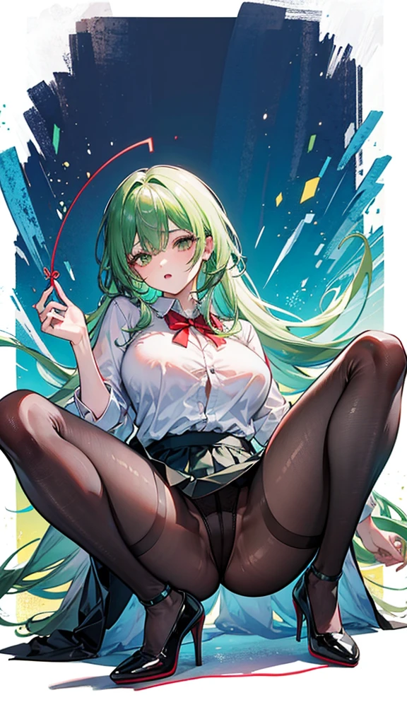 20 years old,woman,Green Hair,Translucent shirt,Half-off black pantyhose,Black high heels,Exposure,Red string,Large Breasts,Open your legs,urination
