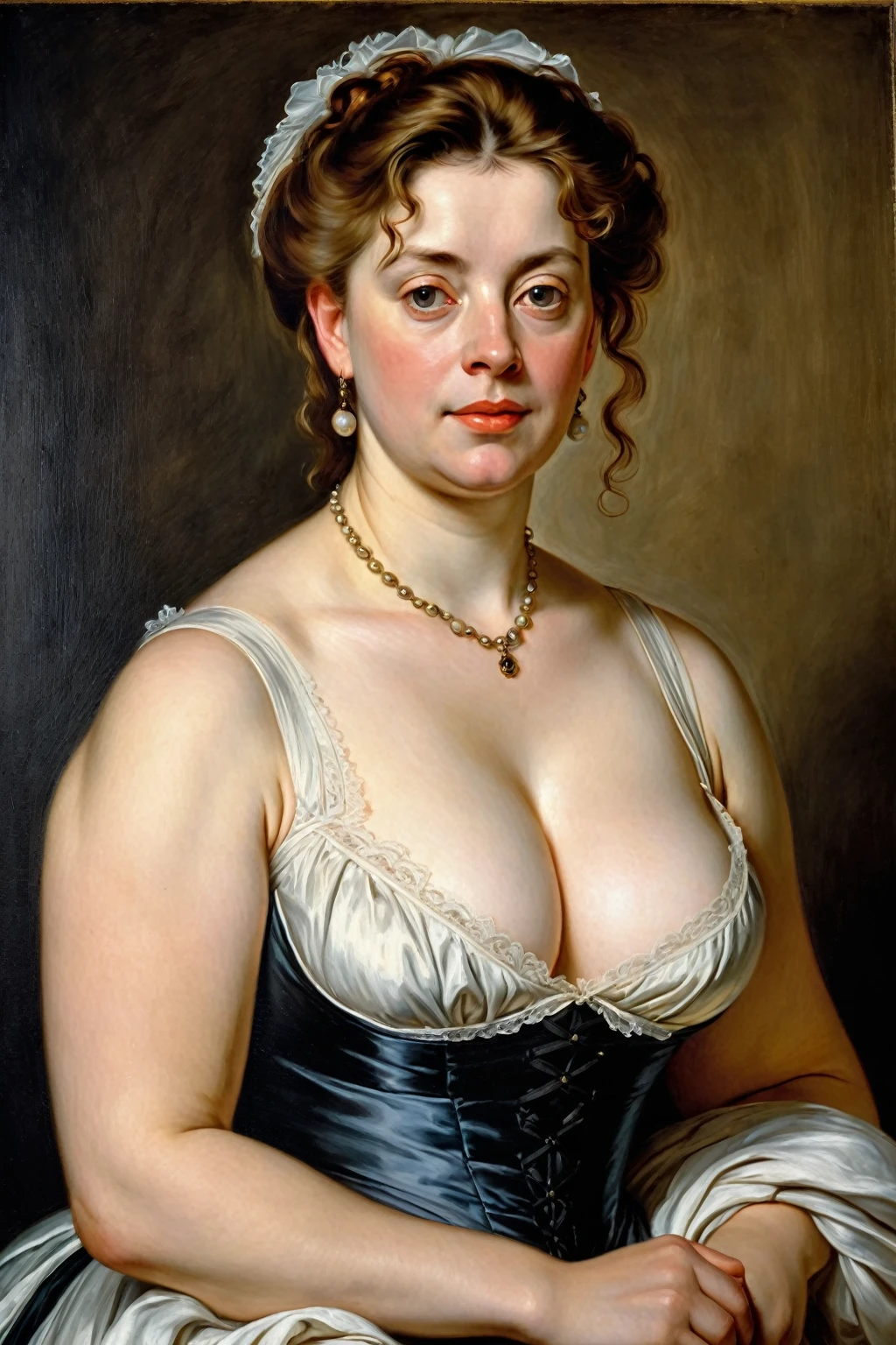 portrait painting of a thick Beautiful middle aged woman, extremely gorgeous, wearing a Victorian Camisole dress or chemise, by Peter Paul Rubens, in Peter Paul Rubens style, by Caravaggio, intricate, flawless, masterpiece, Best quality,