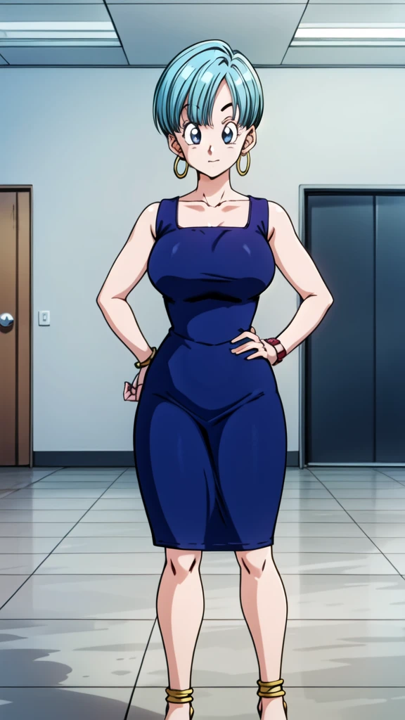 bulma, 1girl, solo, looking at viewer, bowl cut, very short hair, blue eyes, holding, jewelry, upper body, earrings,  hair, sleeveless, indoors, bracelet, watch, hoop earrings, wristwatch, (huge breasts 1.3), curvy hips, full body, blue dress
