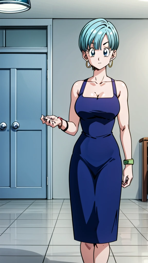 bulma, 1girl, solo, looking at viewer, bowl cut, very short hair, blue eyes, holding, jewelry, upper body, earrings,  hair, sleeveless, indoors, bracelet, watch, hoop earrings, wristwatch, (huge breasts 1.3), curvy hips, full body, blue dress
