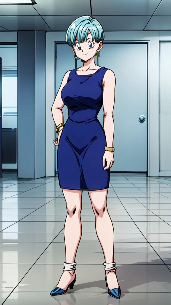bulma, 1girl, solo, looking at viewer, bowl cut, very short hair, blue eyes, holding, jewelry, upper body, earrings, hair, sleeveless, indoors, bracelet, watch, hoop earrings, wristwatch, (huge breasts 1.3), curvy hips, full body, blue dress